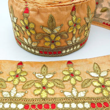 Orange Art Silk Fabric Trim, Red & Gold Floral Embroidery Gota Patti Indian Sari Border Trim By Yard Decorative Trim Craft Lace